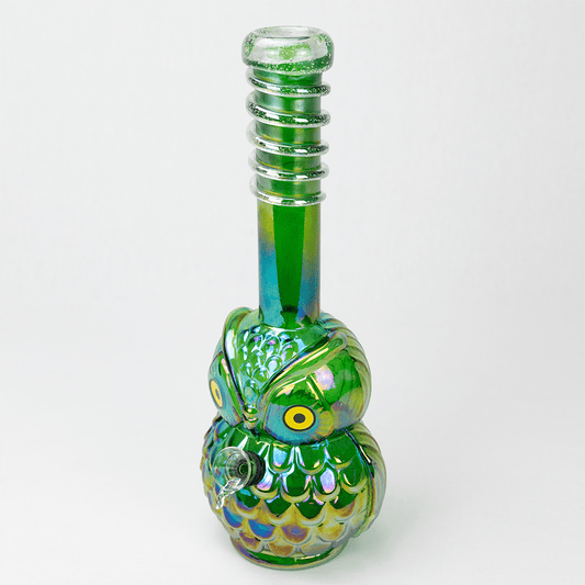 GLASS BONG-NIGHT WATCHER OWL 33.5cm OIL SLICK GREEN S/GLASS Planet X