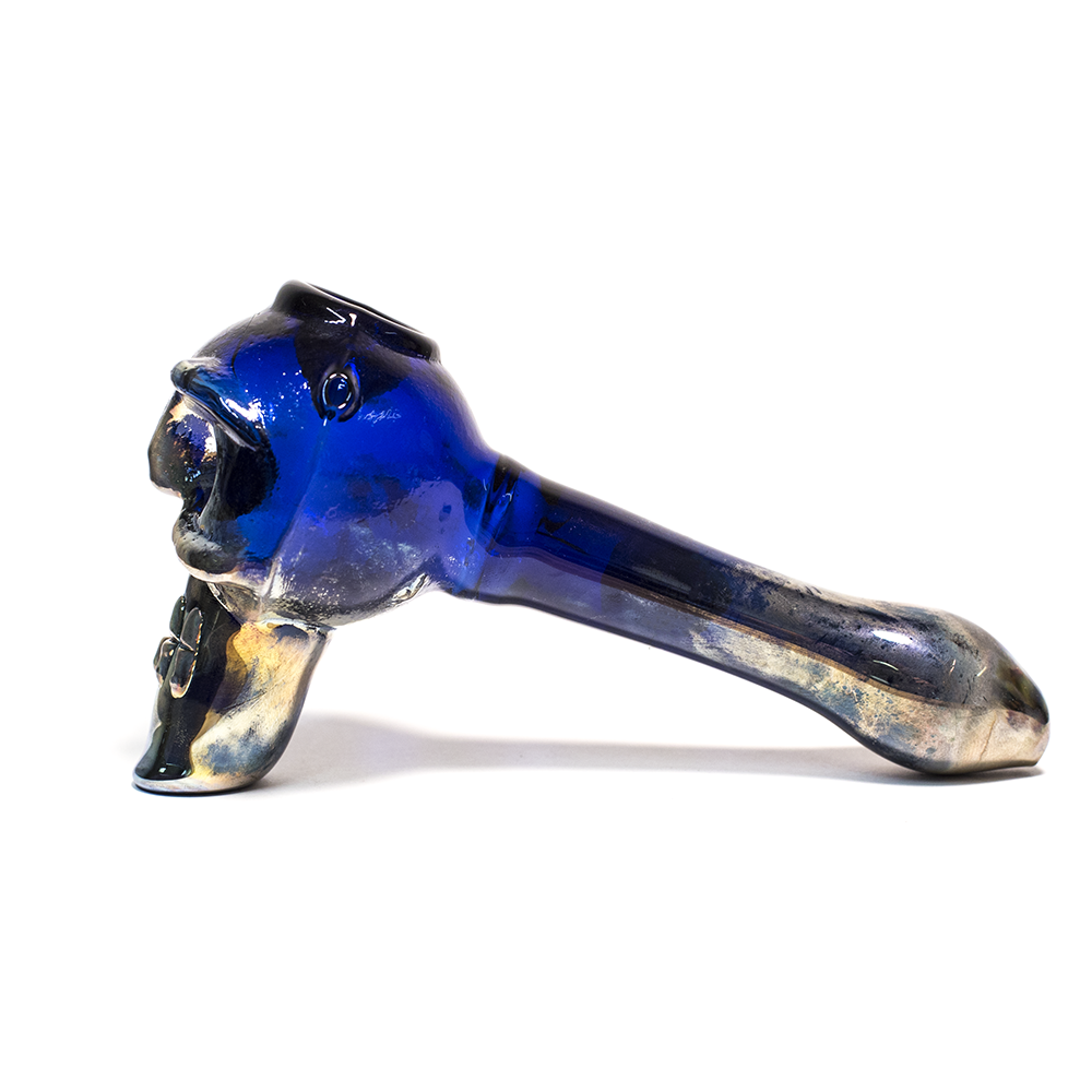 PIPE - GLASS BLUE TUBE/SILVER FUMED SKULL The Bong Shop